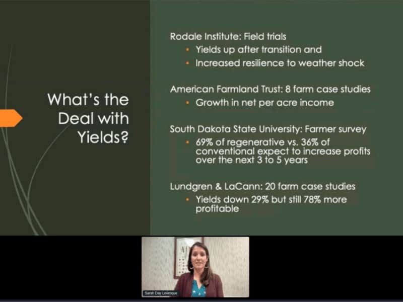 Regen Rev screenshot - Sarah Day Levesque presentation slide - yields