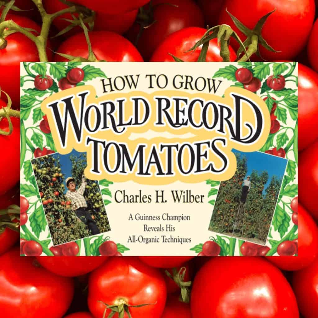 How to Grow World Record Tomatoes book cover image on top of a photo of tomatoes