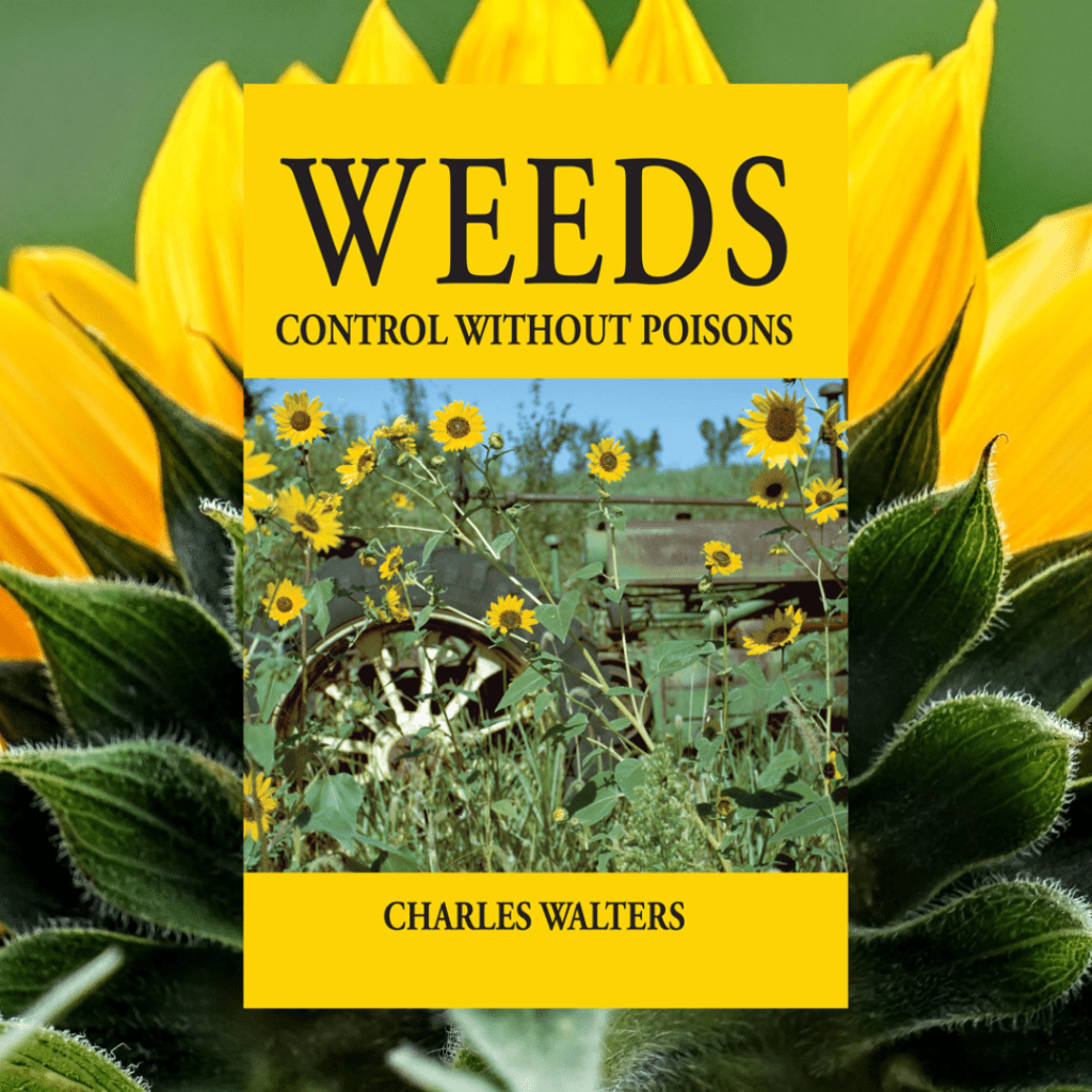 Front cover of the book "Weeds – Control Without Poisons" on top of a sunflower photo